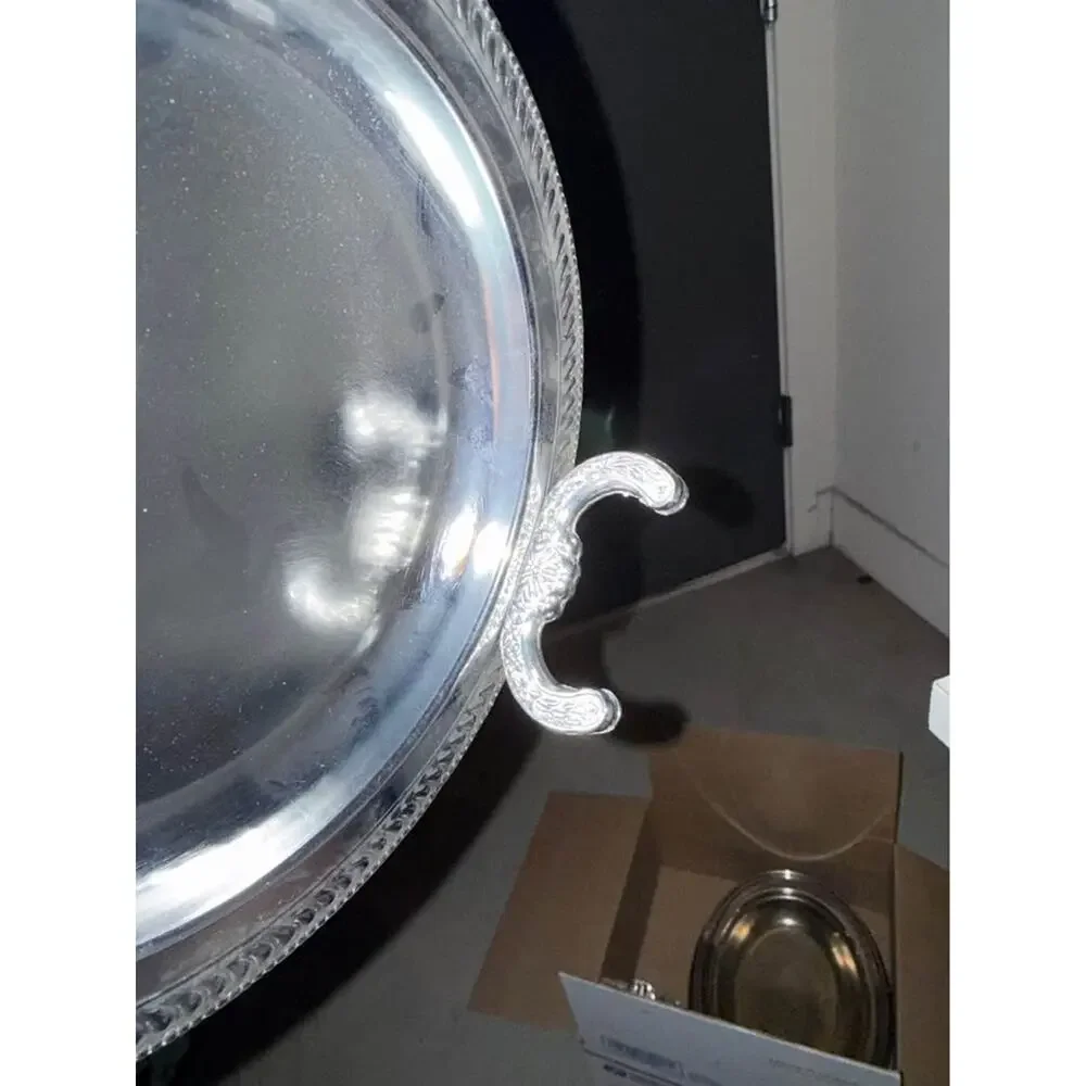 Vintage Silver-Toned Round Serving Tray with Ornate Handle
